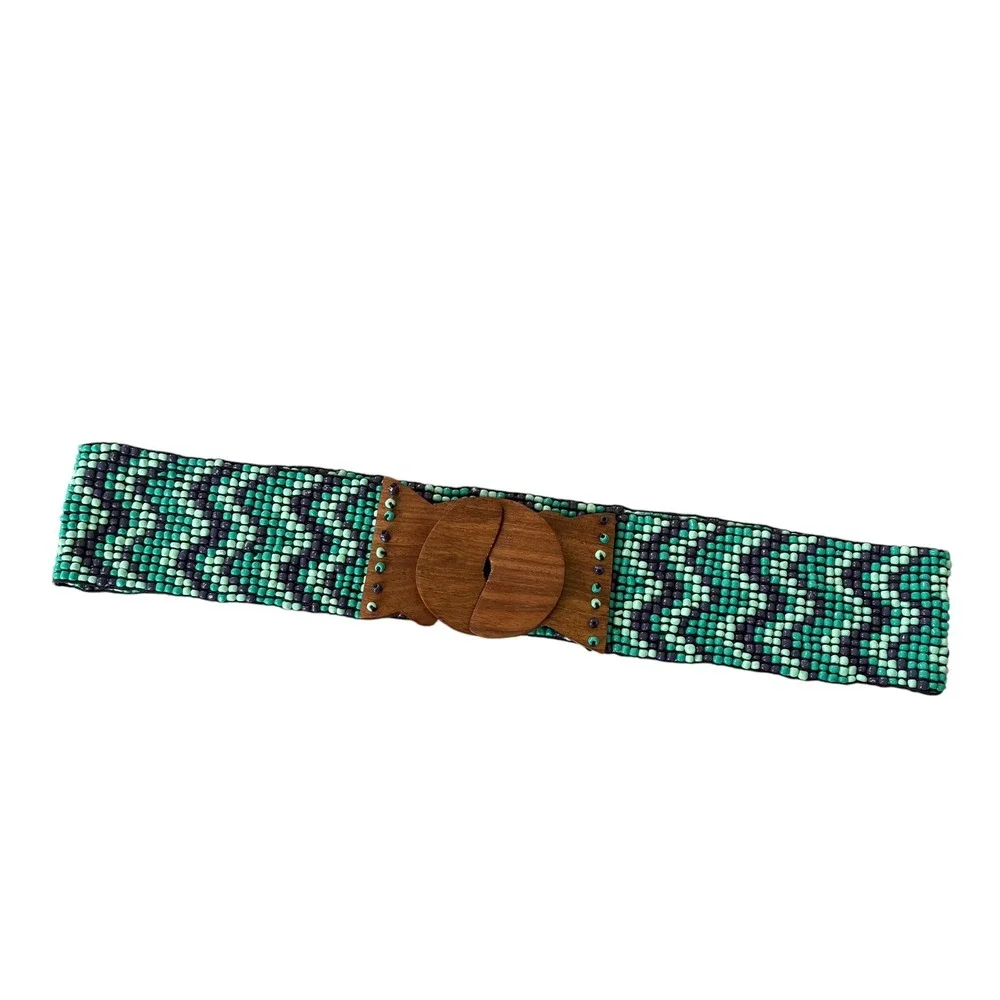 VTG Boho Beaded Stretch Belt Wood Buckle Teal Blue Chevron Zig Zag Wide Mermaid